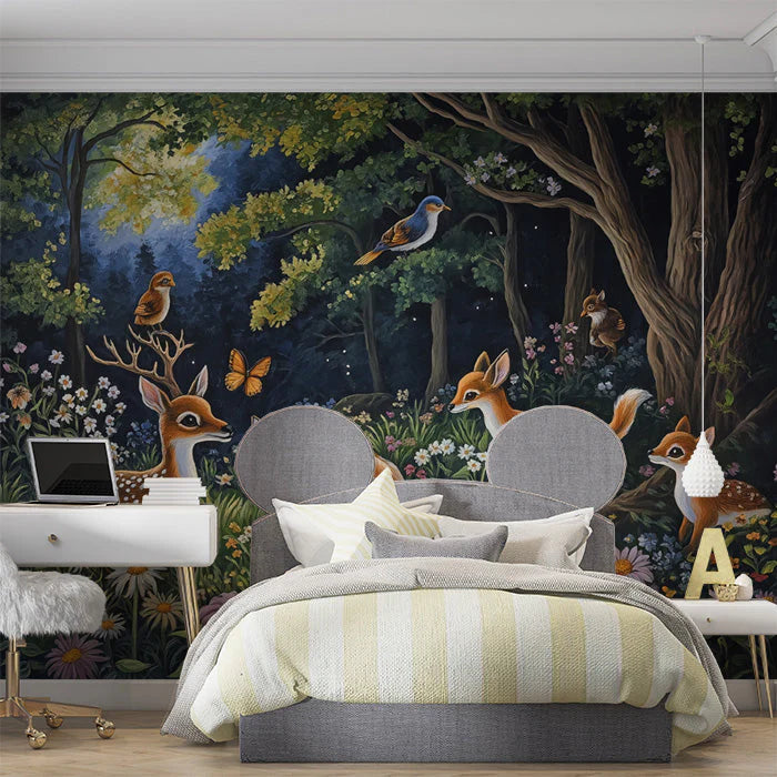 Forest with Animals Mural Wallpaper in Bedroom Various Colors (Green, Blue, etc.) of Forest with Animals Mural Wallpaper - pure wallpaper artwork