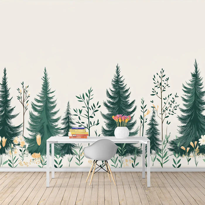 Simple Pine Tree Mural Wallpaper in Study Room Green, White Pine Trees Mural Wallpaper