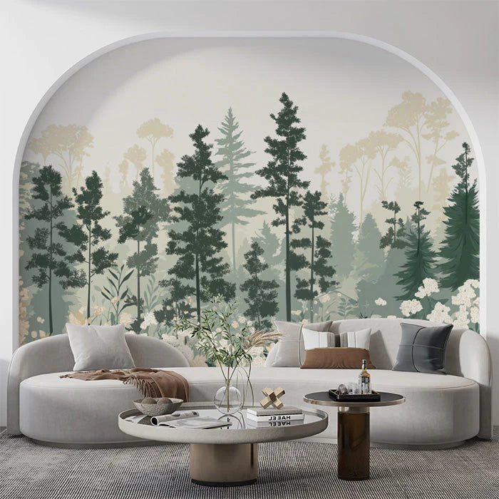 Simple Pine Tree Mural Wallpaper in Living Room Green, White Pine Trees Mural Wallpaper