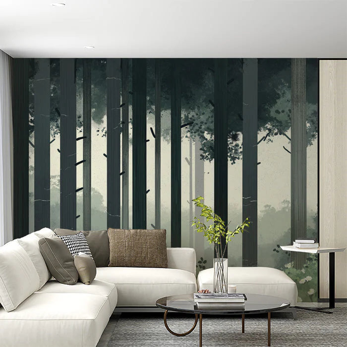 Simple Pine Tree Mural Wallpaper in Living Room Green, White Pine Trees Mural Wallpaper