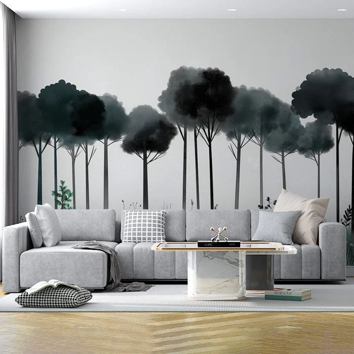 Pine Tree Mural Wallpaper in LivingRoom Various Shades of Green of Pine Trees Mural Wallpaper