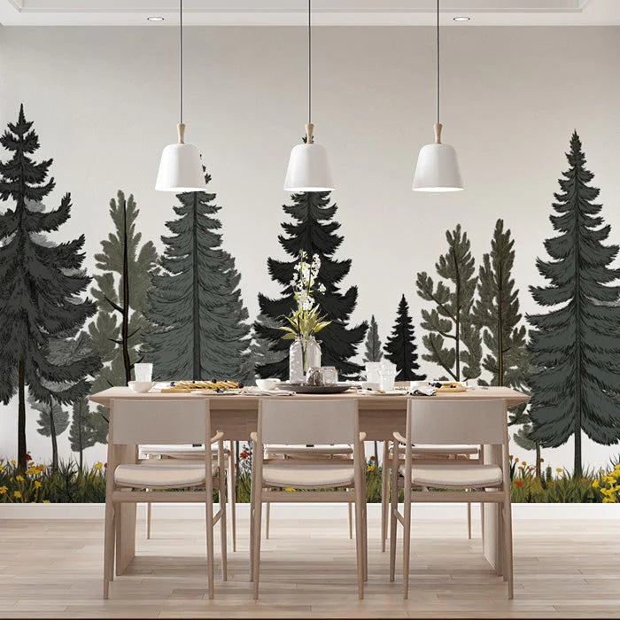Pine Tree Mural Wallpaper in Dining Room Various Shades of Green of Pine Trees Mural Wallpaper