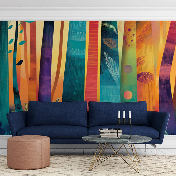 Abstract Tree Mural Wallpaper in Living Room Various Colors (Orange, Yellow, etc.) of Trees Mural Wallpaper
