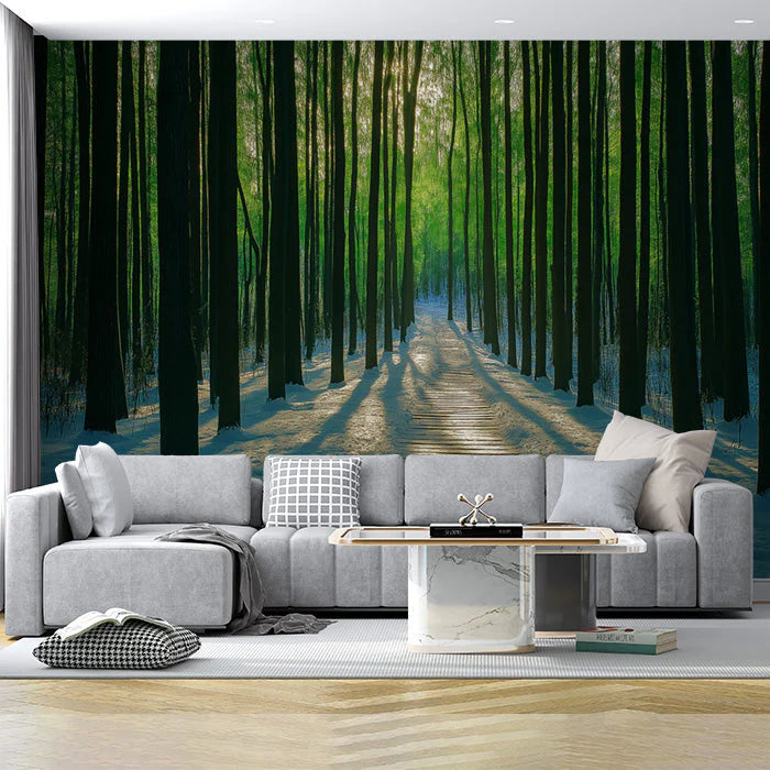 Snowy Forest Mural Wallpaper in Study Room Green, Blue Snowy Forest Mural Wallpaper - pure wallpaper artwork