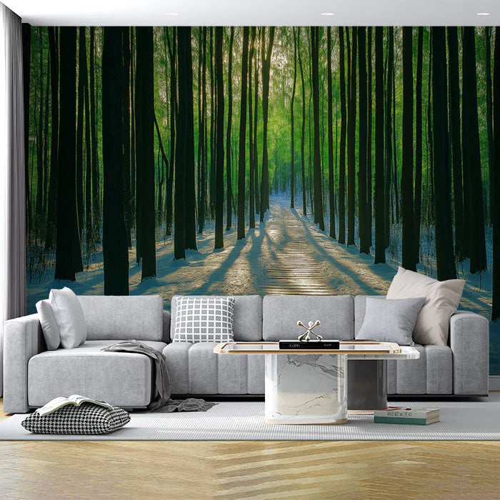Snowy Forest Mural Wallpaper in livingRoom Green, Blue Snowy Forest Mural Wallpaper