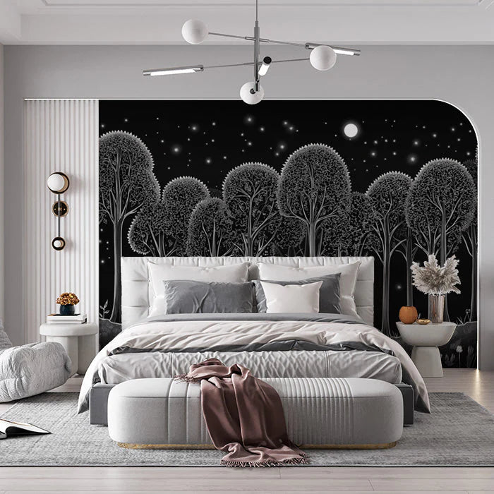 Black and White Starry Forest Mural Wallpaper in Bedroom Black, White Starry Forest Mural Wallpaper - pure wallpaper artwork
