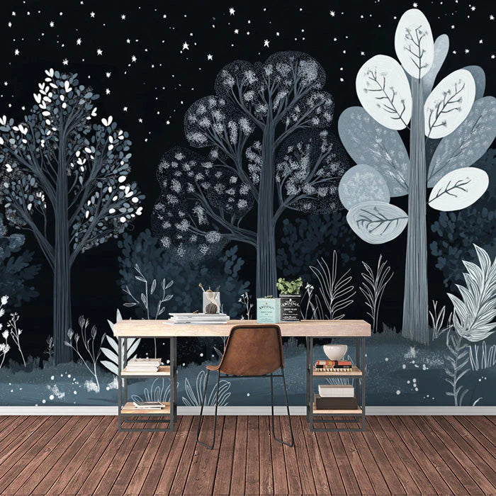 Black and White Starry Forest Mural Wallpaper in Study room Black, White Starry Forest Mural Wallpaper - pure wallpaper artwork