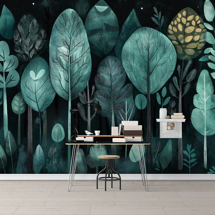 Teal Forest Mural Wallpaper in Study Room Various Shades of Teal Forest Mural Wallpaper - pure wallpaper artwork