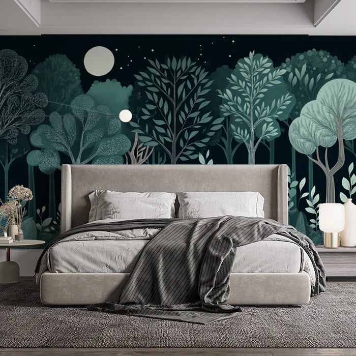 Teal Forest Mural Wallpaper in BedRoom Various Shades of Teal Forest Mural Wallpaper