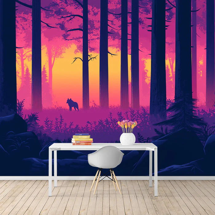 Forest and Wolf Mural Wallpaper in Study Room Various Colors (Pink, Purple, etc.) of Forest and Wolf Mural Wallpaper - pure wallpaper artwork