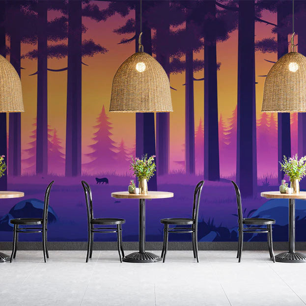 Forest and Wolf Mural Wallpaper in Cafe shop Various Colors (Pink, Purple, etc.) of Forest and Wolf Mural Wallpaper