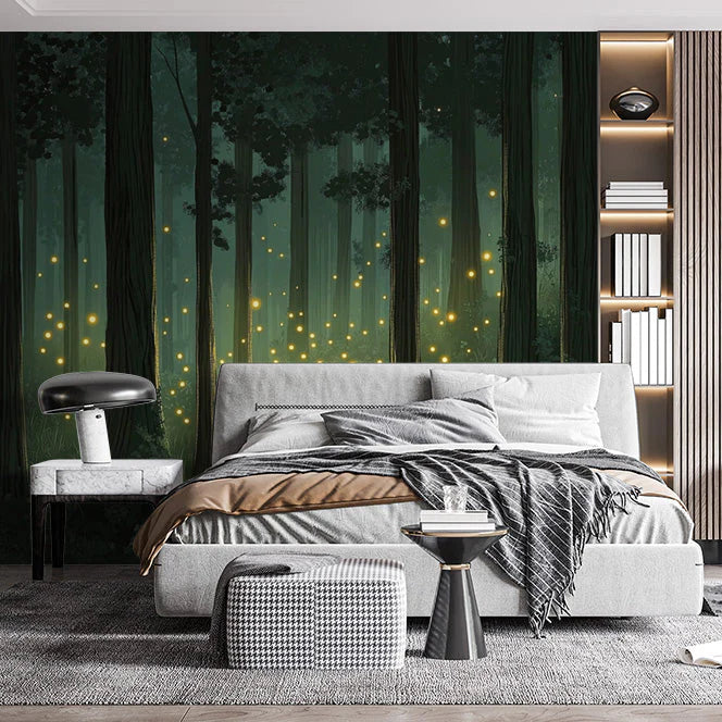 Green Forest with Fireflies Mural Wallpaper in Bedroom Green, Yellow Forest with Fireflies Mural Wallpaper - pure wallpaper artwork