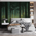 Green Forest with Fireflies Mural Wallpaper in Bedroom Green, Yellow Forest with Fireflies Mural Wallpaper - pure wallpaper artwork