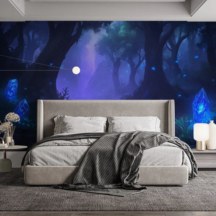 Blue Forest with Crystals Mural Wallpaper in Bedroom Blue, Purple Forest with Fireflies Mural Wallpaper - pure wallpaper artwork