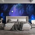 Blue Forest with Crystals Mural Wallpaper in Bedroom Blue, Purple Forest with Fireflies Mural Wallpaper - pure wallpaper artwork