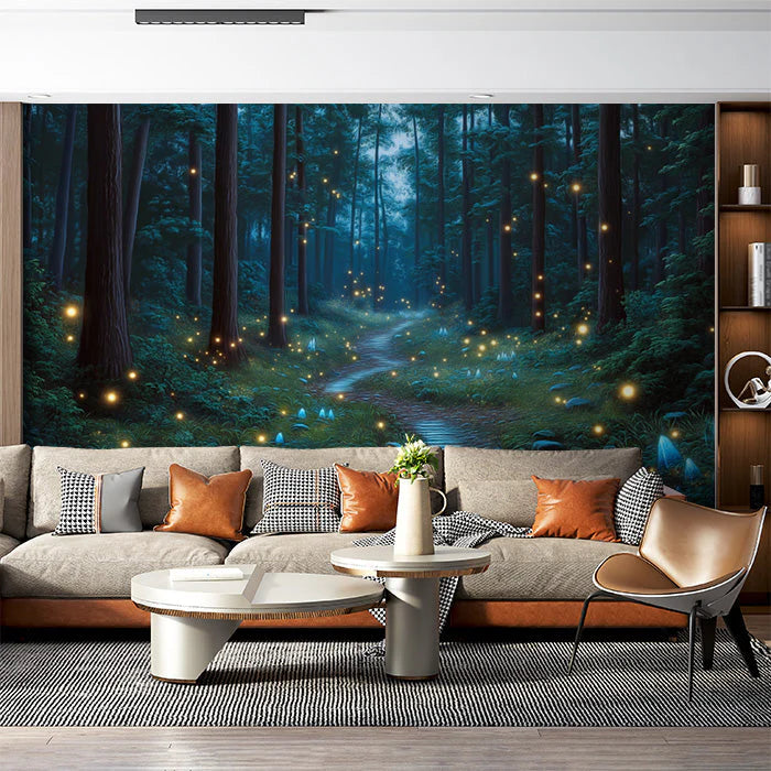 Blue Forest with Crystals Mural Wallpaper in Living Room Blue, Purple Forest with Fireflies Mural Wallpaper - pure wallpaper artwork