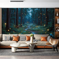 Blue Forest with Crystals Mural Wallpaper in Living Room Blue, Purple Forest with Fireflies Mural Wallpaper - pure wallpaper artwork