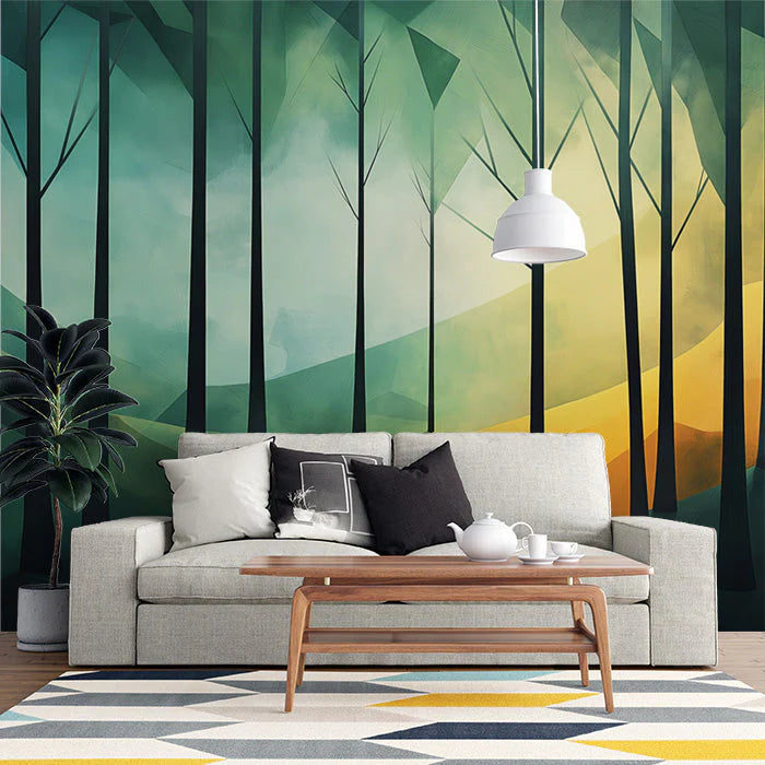 Abstract Green Forest Mural Wallpaper in Living Room Green, Yellow Forest Mural Wallpaper