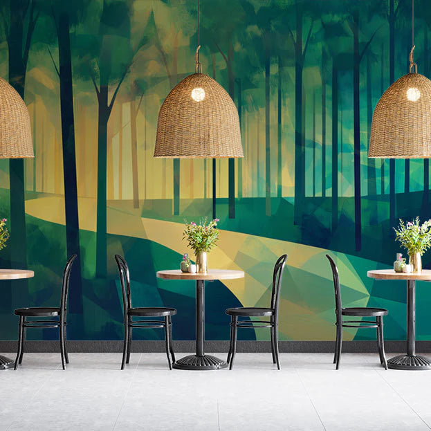 Abstract Green Forest Mural Wallpaper in Cafe Shop Green, Yellow Forest Mural Wallpaper - pure wallpaper artwork