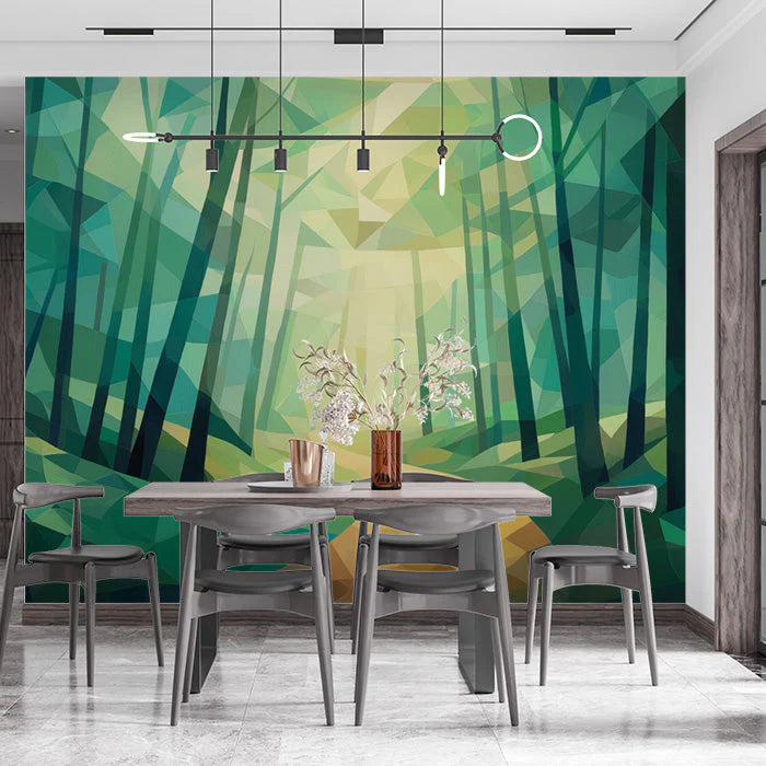 Abstract Green Forest Mural Wallpaper in Living Room Green, Yellow Forest Mural Wallpaper