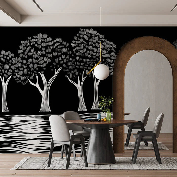 Black and White Tree Mural Wallpaper in Dining Room Black, White Trees Mural Wallpaper
