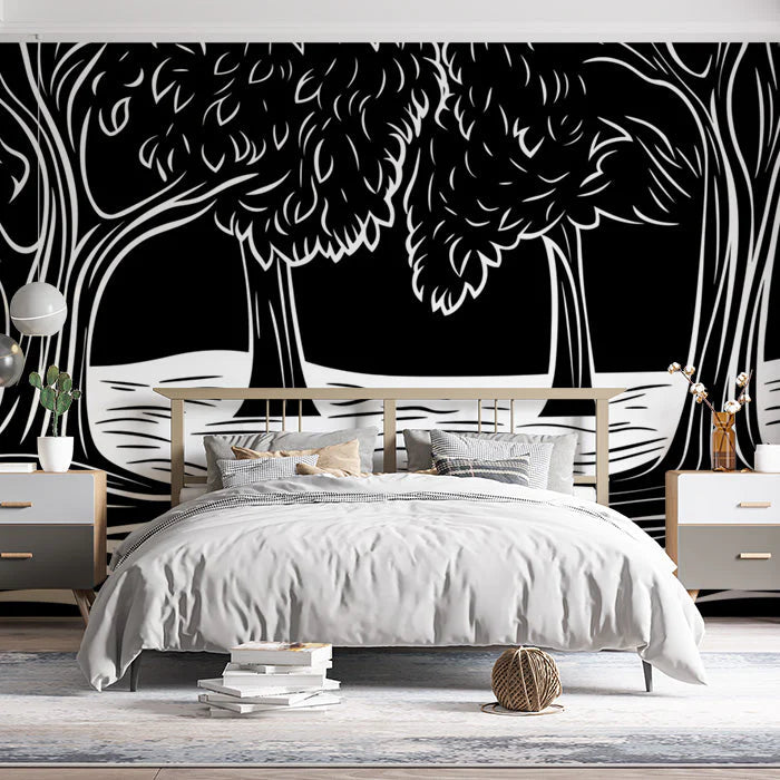 Black and White Tree Mural Wallpaper in Dining Room Black, White Trees Mural Wallpaper - pure wallpaper artwork
