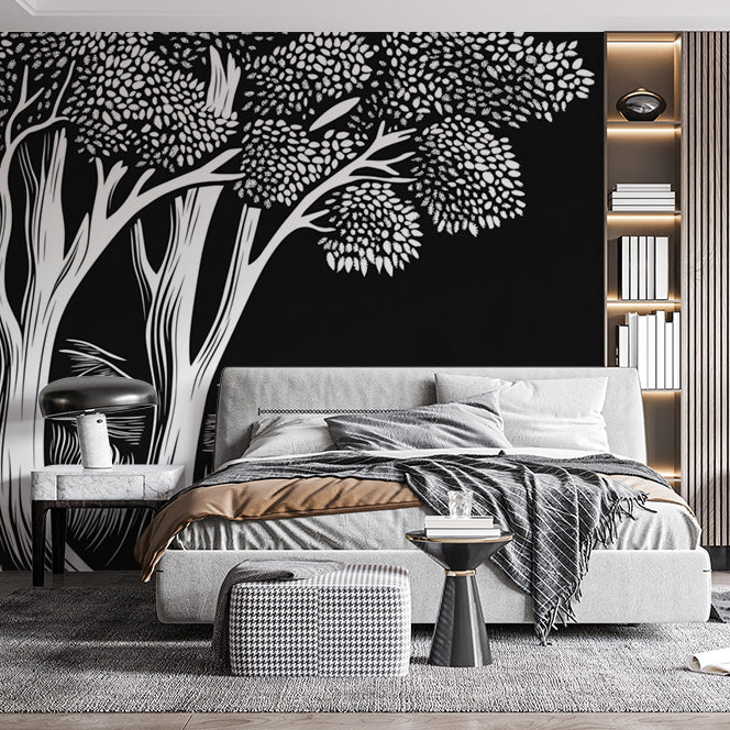 Black and White Tree Mural Wallpaper in Dining Room Black, White Trees Mural Wallpaper