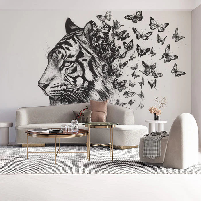 Tiger and Butterflies Black and White Tiger and Butterflies Mural Wallpaper - pure wallpaper artwork