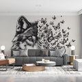 Wolf and Butterflies Black and White Wolf and Butterflies Mural Wallpaper - pure wallpaper artwork