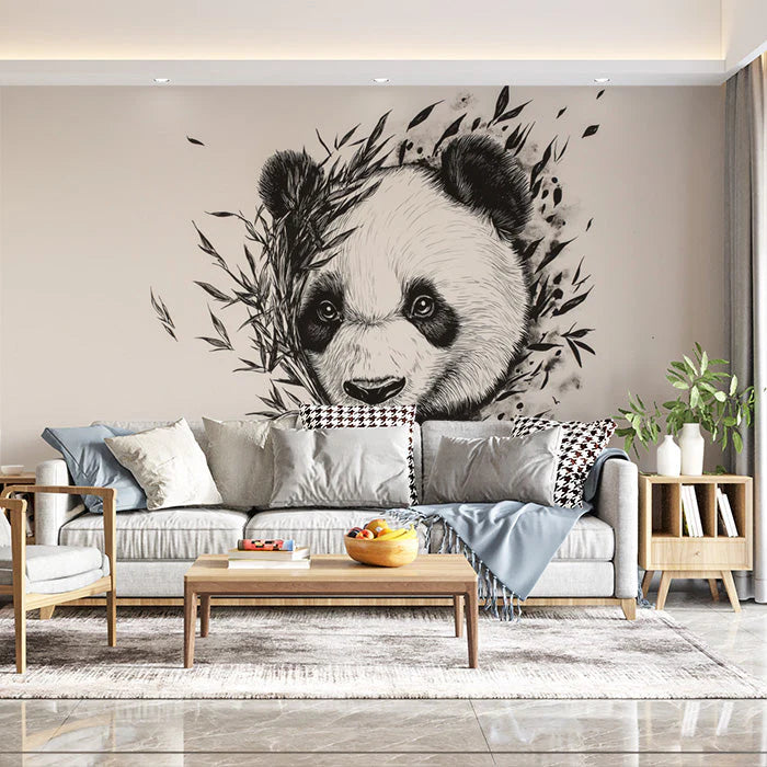 Panda and Bamboo Black and White Panda and Bamboo Mural Wallpaper