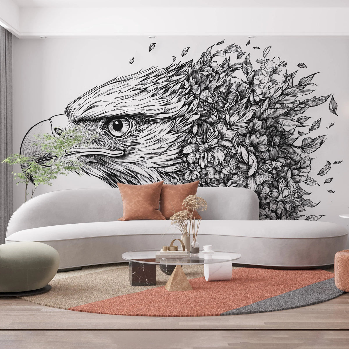Eagle and Flowers Black and White Eagle and Flowers Mural Wallpaper - pure wallpaper artwork