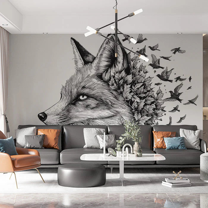 Fox and Birds Black and White Fox and Birds Mural Wallpaper - pure wallpaper artwork