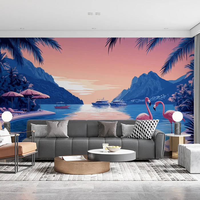 Flamingo and Beach Various Colors (Pink, Blue, etc.) of Flamingo and Beach Mural Wallpaper - pure wallpaper artwork