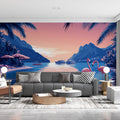 Flamingo and Beach Various Colors (Pink, Blue, etc.) of Flamingo and Beach Mural Wallpaper - pure wallpaper artwork