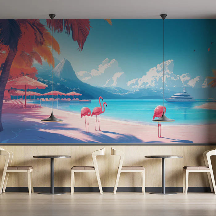 Flamingo and Beach Various Colors (Pink, Blue, etc.) of Flamingo and Beach for a Cafe Mural Wallpaper - pure wallpaper artwork