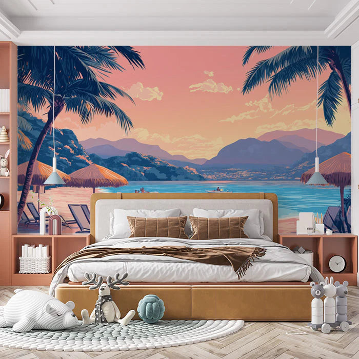 Beach and Sunset Various Colors (Pink, Orange, Blue, etc.) of Beach and Sunset Mural Wallpaper