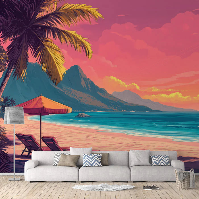 Beach and Palm Tree Various Colors (Pink, Blue, etc.) of Beach and Palm Mural Wallpaper