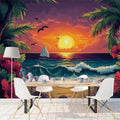 Beach Sunset with Sailboat Various Colors (Orange, Red, Blue, etc.) of Beach Sunset Mural Wallpaper - pure wallpaper artwork