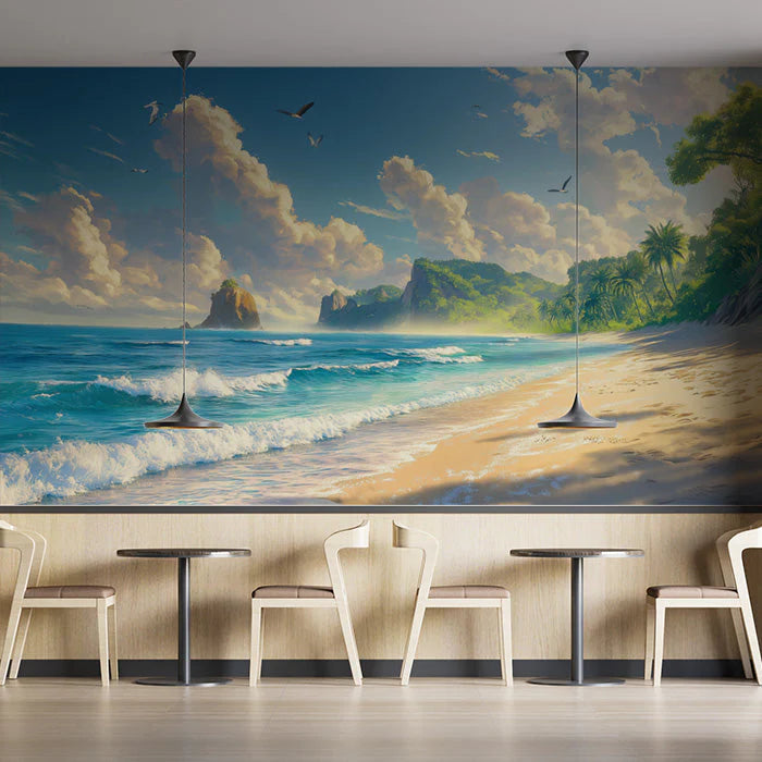 Beach and Waves Mural Wallpaper in Cafe Various Colors (Blue, Green, etc.) of Beach and Waves Mural Wallpaper