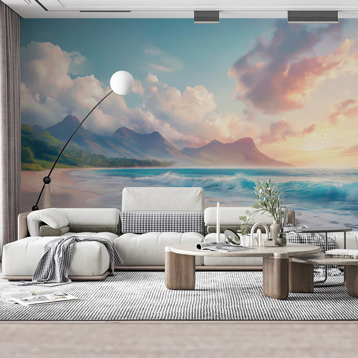 Beach and Waves Mural Wallpaper in Cafe Various Colors (Blue, Green, etc.) of Beach and Waves Mural Wallpaper