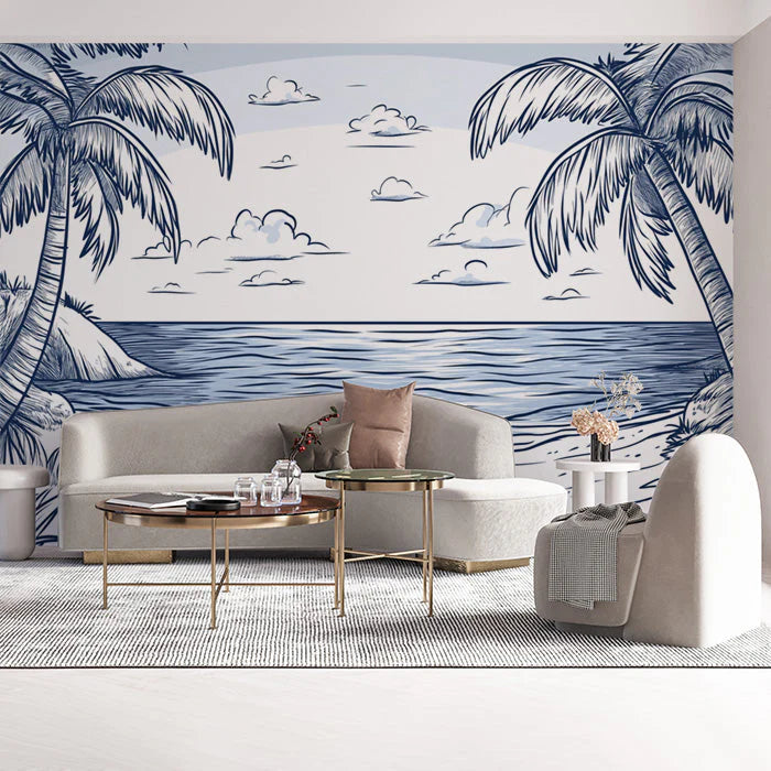 Blue and White Beach Blue, White Black and Beach Mural Wallpaper