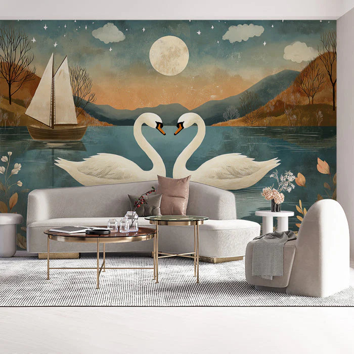 Romantic Swans and Moon Wallpaper for a Commercial Space in Office or Hotel Mural Wallpaper - pure wallpaper artwork