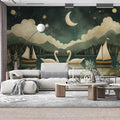Romantic Swans and Moon for a living room Various Colors (Blue, Orange, etc.) of Swans and Moon Mural Wallpaper - pure wallpaper artwork