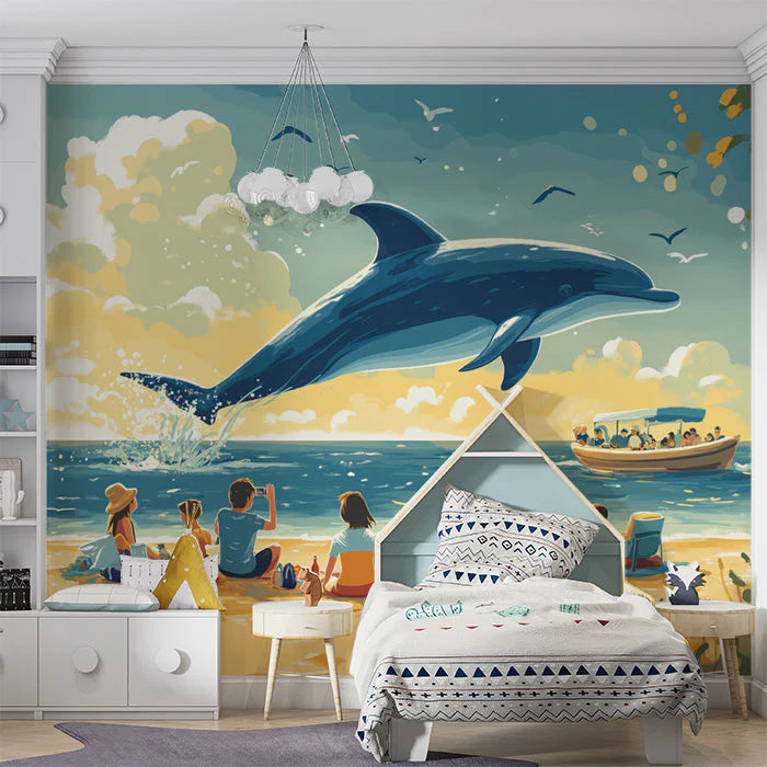 Dolphin and Beachgoers Various Colors (Blue, Yellow, etc.) of Dolphin and Beachgoers Mural Wallpaper