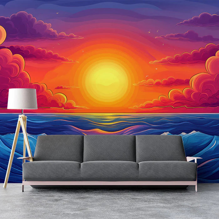 Sunset and Waves Various Colors (Orange, Purple, Blue, etc.) of Sunset and Waves Mural Wallpaper - pure wallpaper artwork