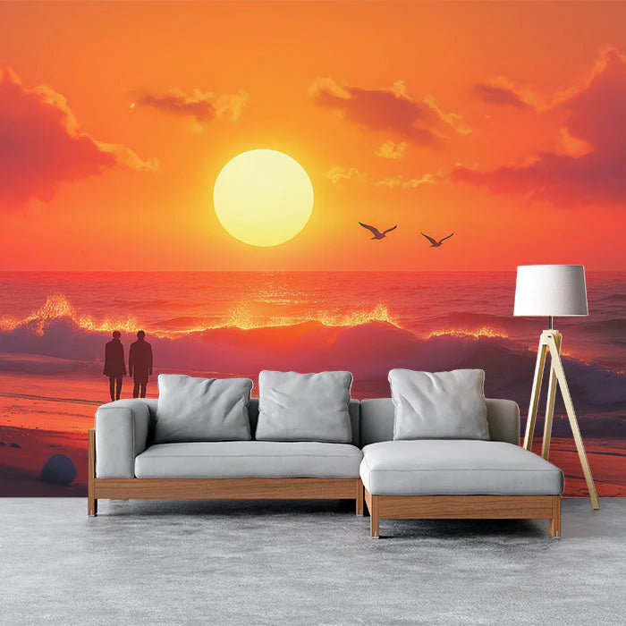 Sunrise with Silhouettes Various Colors (Orange, Red, etc.) of Sunrise Mural Wallpaper - pure wallpaper artwork