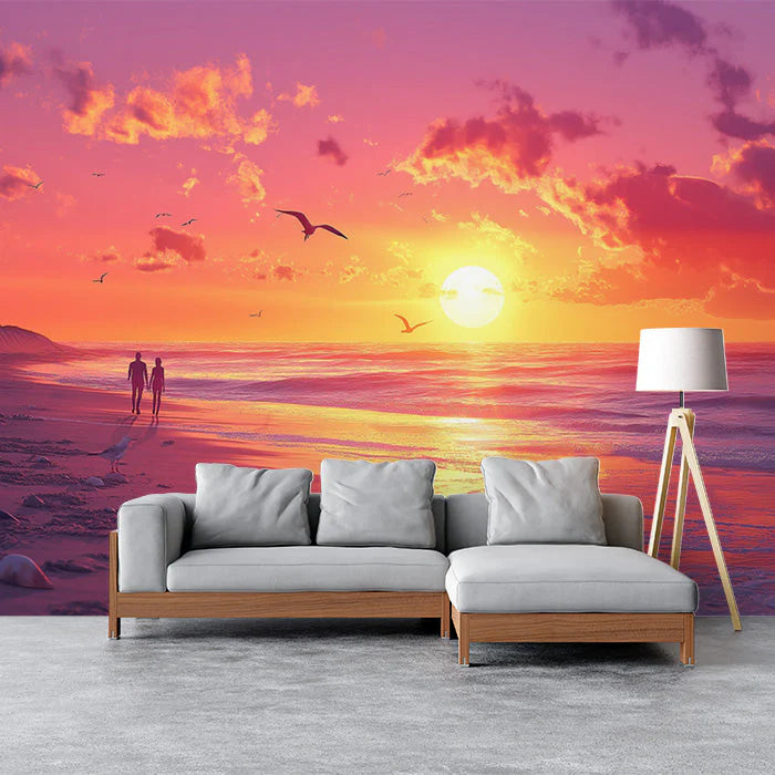 Sunrise with Silhouettes Various Colors (Orange, Red, etc.) of Sunrise Mural Wallpaper - pure wallpaper artwork