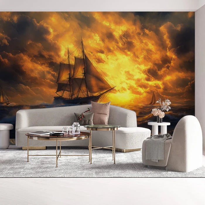 Stormy Sea with Ship Various Colors (Orange, Brown, etc.) of Stormy Sea Mural Wallpaper - pure wallpaper artwork