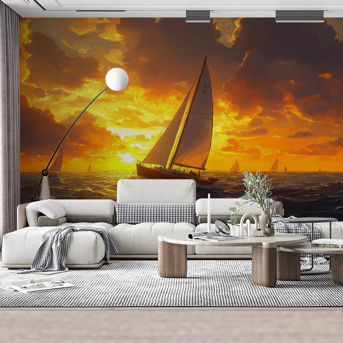 Stormy Sea with Ship Various Colors (Orange, Brown, etc.) of Stormy Sea Mural Wallpaper