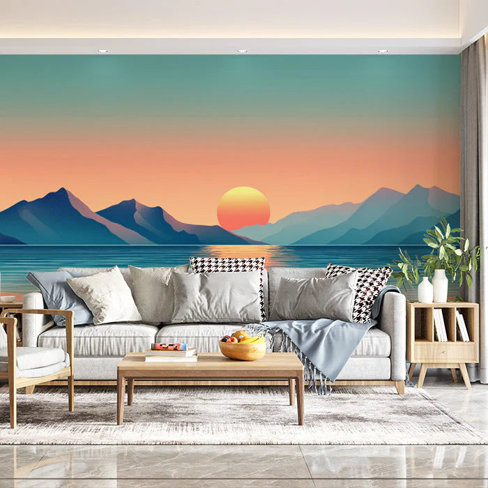 Coastal Sunrise and Mountains Various Colors (Orange, Blue, Green, etc.) of Coastal Sunrise Mural Wallpaper - pure wallpaper artwork